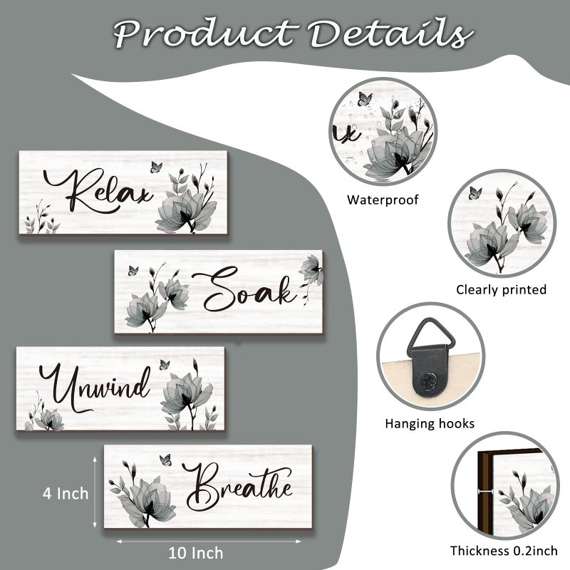 ONIZHITY Set of 4 Black Bathroom Decor With Black Flower Wall Art Inspire Relax Soak Unwind Rustic Farmhouse Wooden Wall Art Ideal for Women's Bedroom, Office, Living Room, Kitchen (10x4) - Image 3