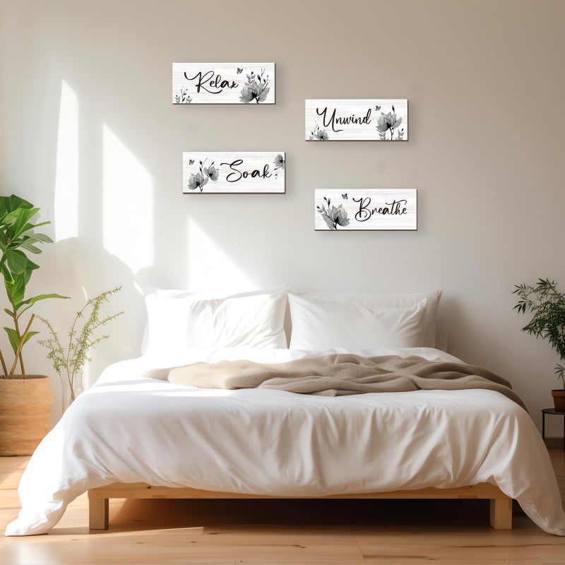 ONIZHITY Set of 4 Black Bathroom Decor With Black Flower Wall Art Inspire Relax Soak Unwind Rustic Farmhouse Wooden Wall Art Ideal for Women's Bedroom, Office, Living Room, Kitchen (10x4) - Image 5