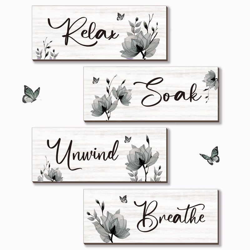 ONIZHITY Set of 4 Black Bathroom Decor With Black Flower Wall Art Inspire Relax Soak Unwind Rustic Farmhouse Wooden Wall Art Ideal for Women's Bedroom, Office, Living Room, Kitchen (10x4) - Image 1