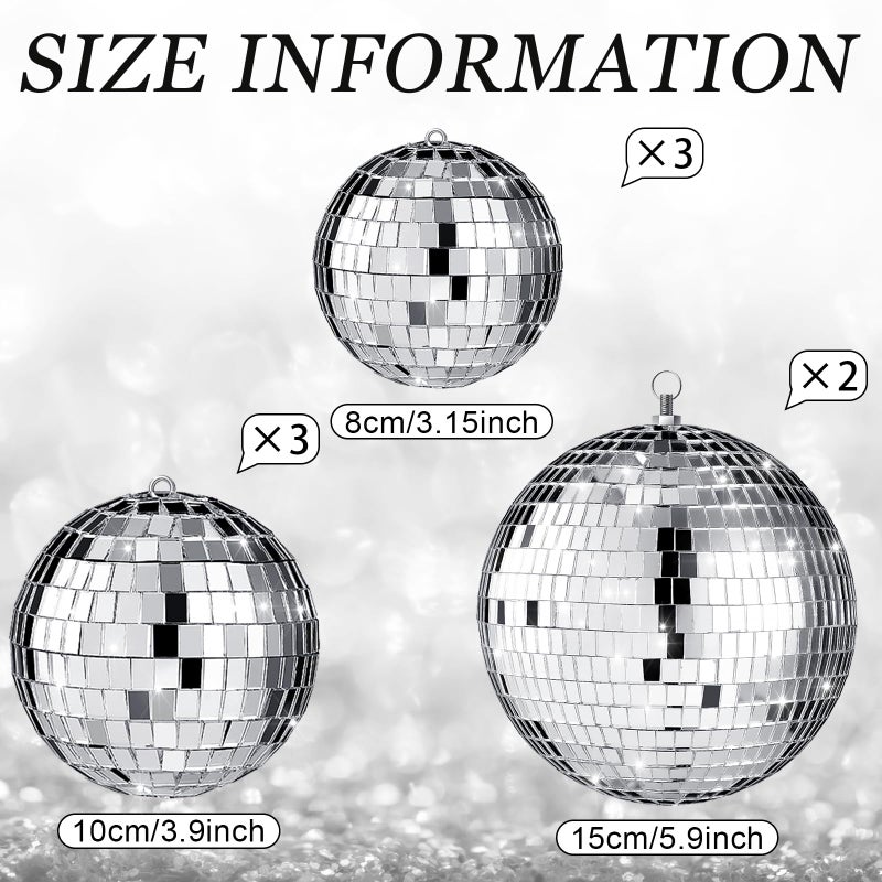 Haull 8 Pcs Large Disco Ball Set Silver Mirror Disco Reflective Ball with Hanging Ring Party Ornament Decoration for Stage Club Ballroom Dance Hall Wedding Prom Props(3'', 4'', 6'') - Image 4