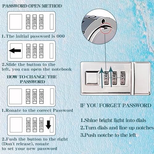 LXWHYP Diary with Lock, A5 Lockable Journal, PU Leather Combination Lock Diary, Lock Diary Planner Organizer for Men and Women, Office Product 8.6 x 5.9 in- Sky Blue - Image 3
