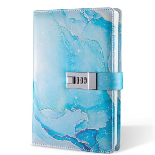 LXWHYP Diary with Lock, A5 Lockable Journal, PU Leather Combination Lock Diary, Lock Diary Planner Organizer for Men and Women, Office Product 8.6 x 5.9 in- Sky Blue - Image 1