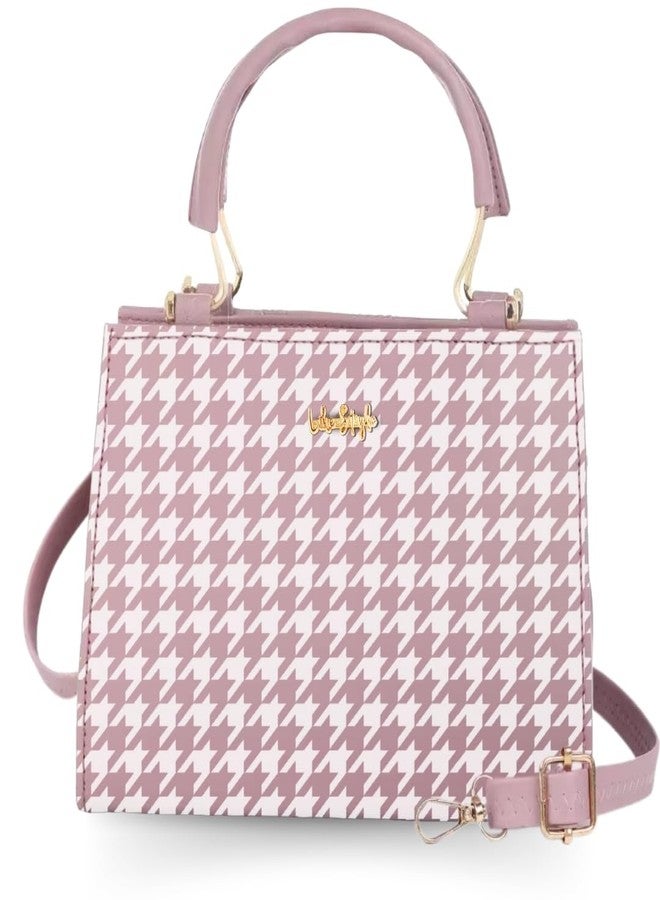 LIKE STYLE Trendy Mini Handbag and Sling Bag | Houndstooth Print PU Rexine with Secure Zip Closure & Detachable Strap (PINK) - Image 1