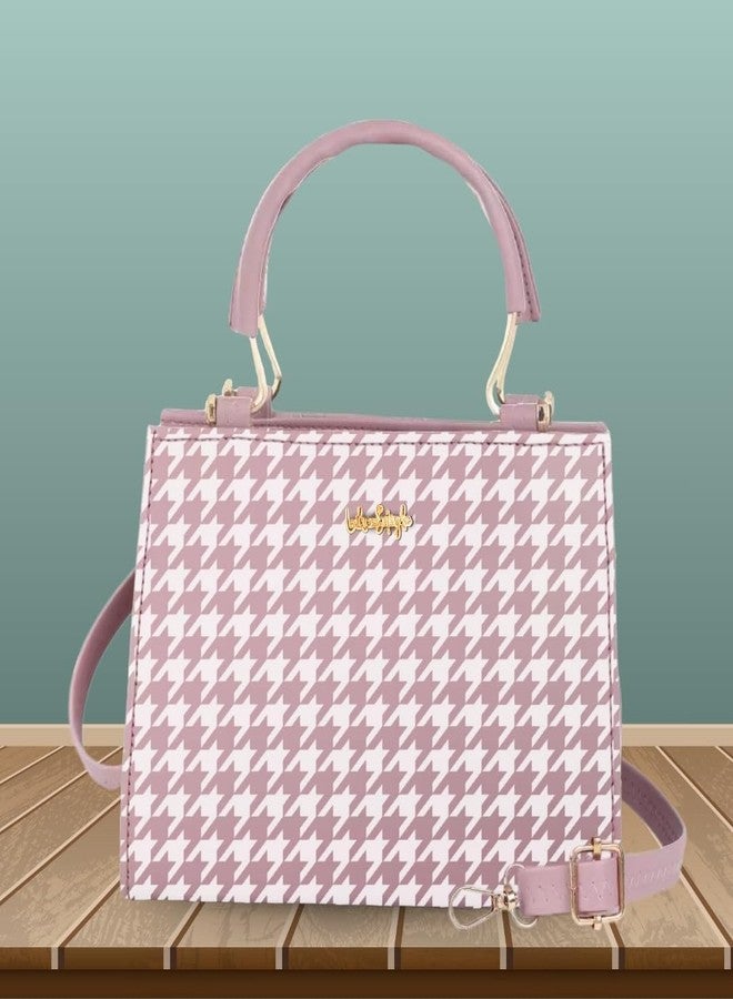 LIKE STYLE Trendy Mini Handbag and Sling Bag | Houndstooth Print PU Rexine with Secure Zip Closure & Detachable Strap (PINK) - Image 2
