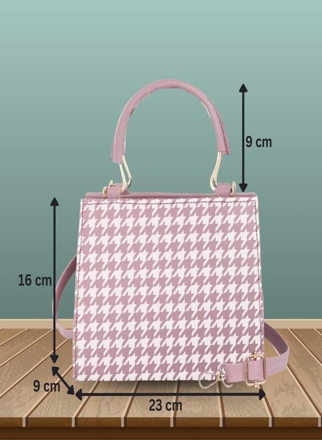 LIKE STYLE Trendy Mini Handbag and Sling Bag | Houndstooth Print PU Rexine with Secure Zip Closure & Detachable Strap (PINK) - Image 5