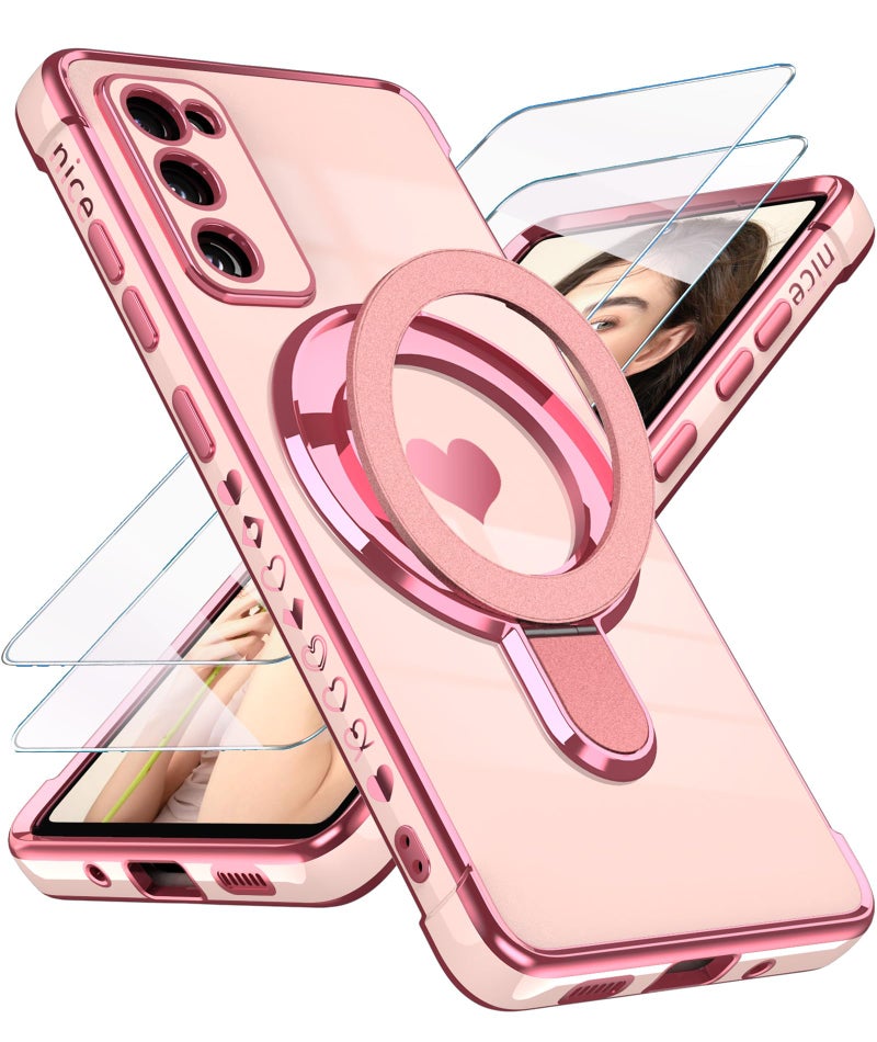 Liufcx for Samsung Galaxy S20 FE Love Heart Kickstand Case with 2X Screen Protector: Luxury Plated Gold Edge Slim Soft TPU Shockproof Protection Case Cover for Galaxy S20 FE (Pink) - Image 1
