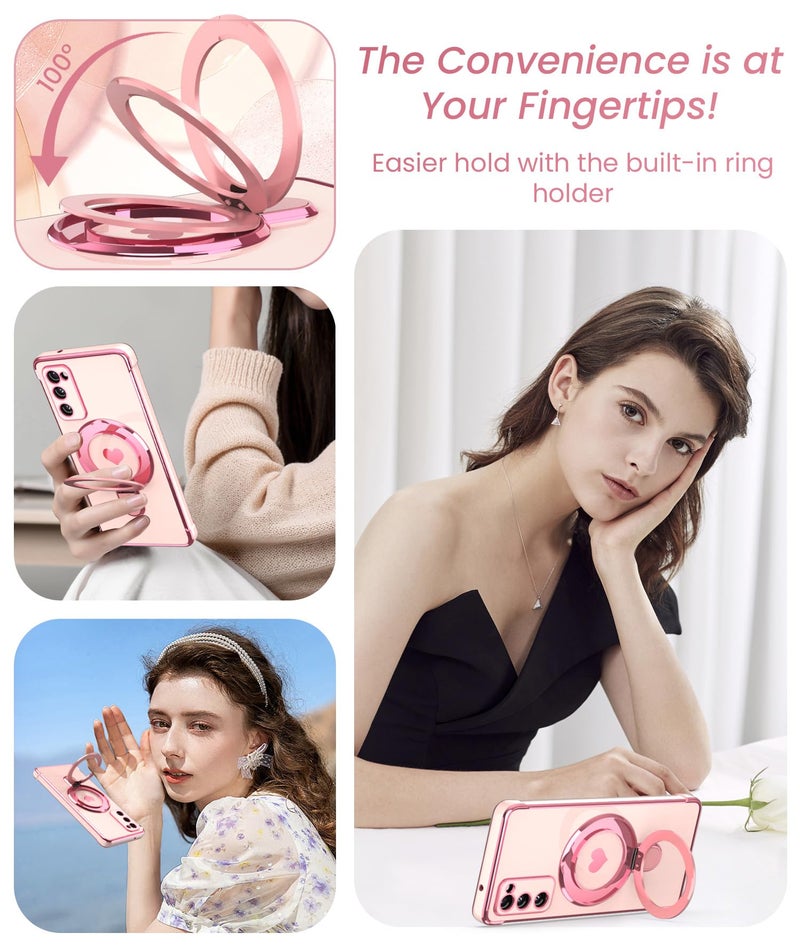 Liufcx for Samsung Galaxy S20 FE Love Heart Kickstand Case with 2X Screen Protector: Luxury Plated Gold Edge Slim Soft TPU Shockproof Protection Case Cover for Galaxy S20 FE (Pink) - Image 4
