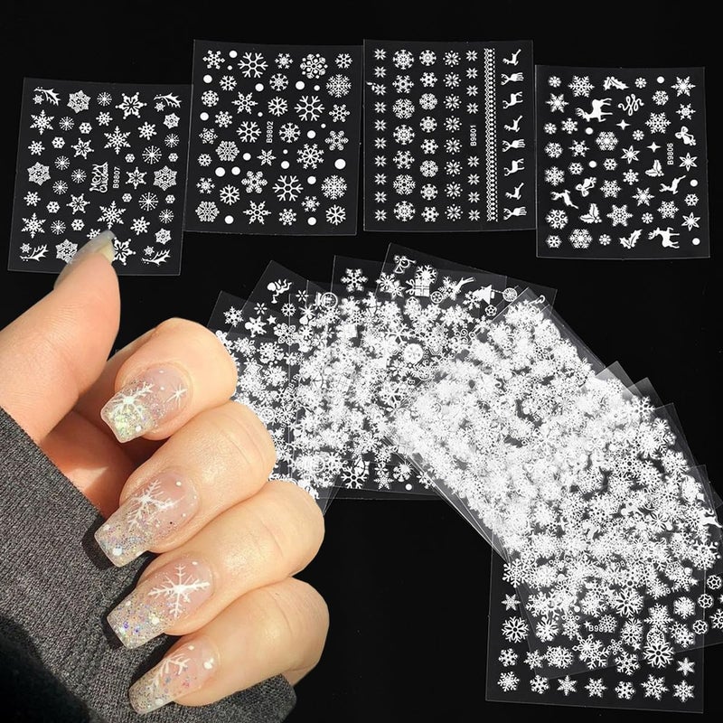 30Sheets Christmas Snowflakes Nail Art Stickers Decals for Kit with White Snowflake Glitter Design 3D Self Adhesive Nail Art Supplies Sticker Winter Xmas Nail Art Decoration Snow Manicure for New Year