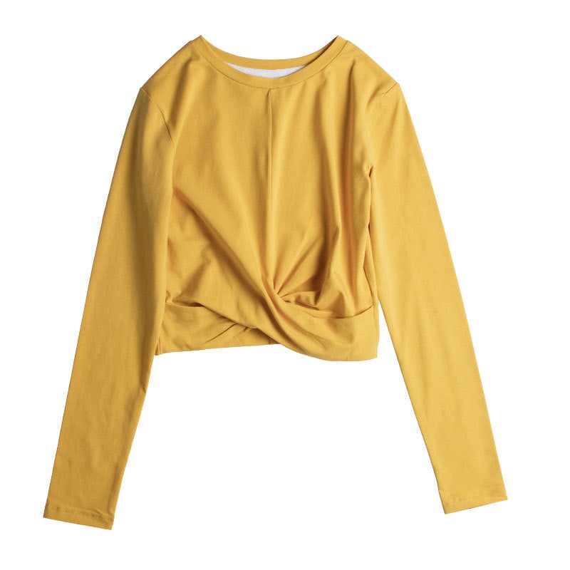 South Koreas new hem pleated navel round neck long sleeve stitching white high waist base shirt a generation of 246 Turmeric 