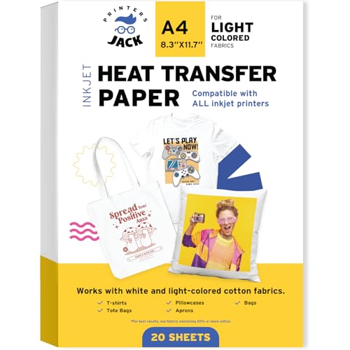 Printers Jack IronOn Heat Transfer Paper for White and Light Fabric 20 Pack 83x117 inch TShirt Transfer Paper for Any Inkjet Printer Long Lasting Printing Transfer Paper for Heat Press