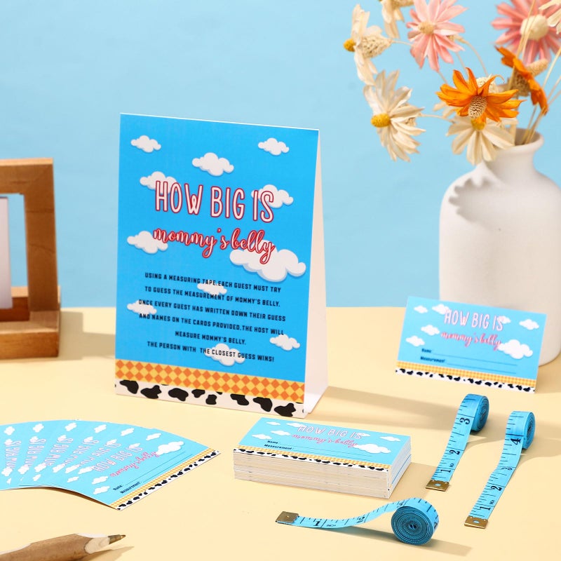 Sinload 54 Pcs Cartoon Blue Sky Baby Shower Games Blue and White Measure Belly Bump Party Game Include How Big Is Mommy's Belly Sign 50 Guessing Cards 3 Measuring Tapes for Cartoon Baby Shower Party - Image 2