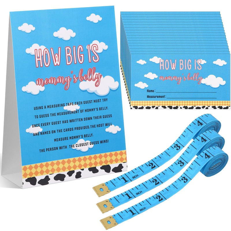 Sinload 54 Pcs Cartoon Blue Sky Baby Shower Games Blue and White Measure Belly Bump Party Game Include How Big Is Mommy's Belly Sign 50 Guessing Cards 3 Measuring Tapes for Cartoon Baby Shower Party - Image 1