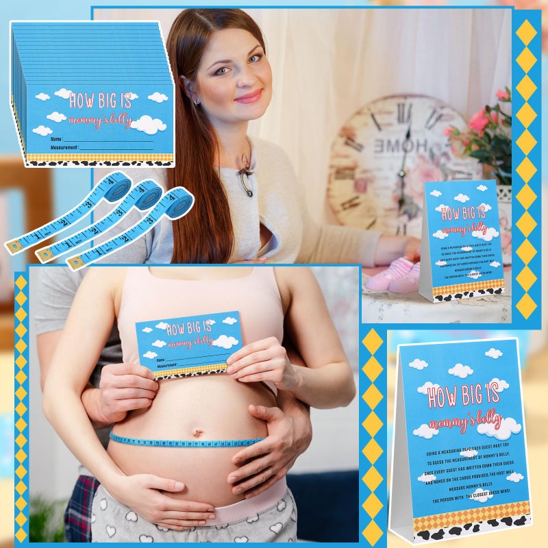 Sinload 54 Pcs Cartoon Blue Sky Baby Shower Games Blue and White Measure Belly Bump Party Game Include How Big Is Mommy's Belly Sign 50 Guessing Cards 3 Measuring Tapes for Cartoon Baby Shower Party - Image 5