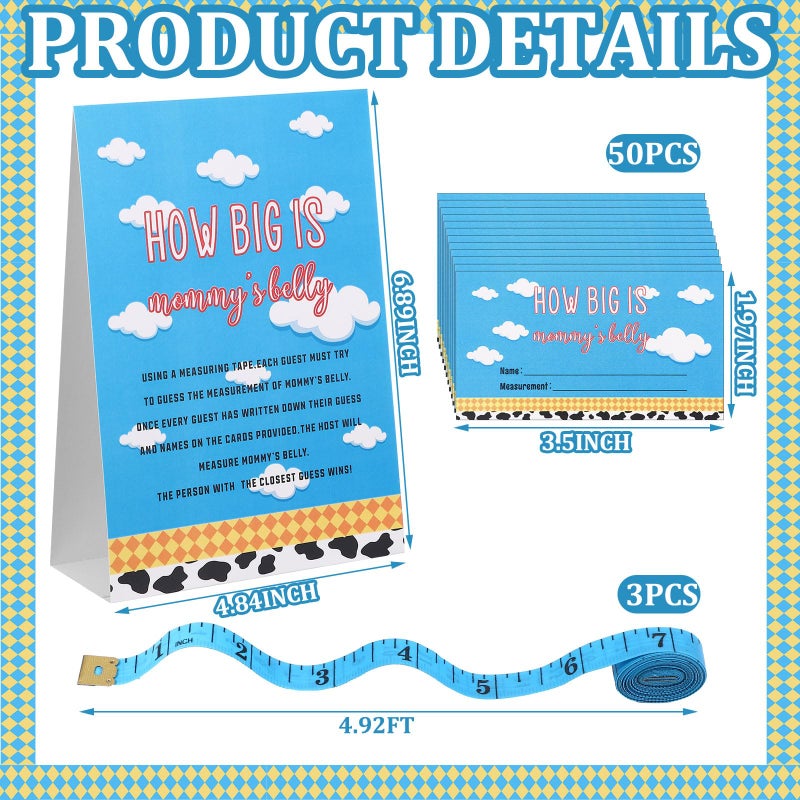 Sinload 54 Pcs Cartoon Blue Sky Baby Shower Games Blue and White Measure Belly Bump Party Game Include How Big Is Mommy's Belly Sign 50 Guessing Cards 3 Measuring Tapes for Cartoon Baby Shower Party - Image 3