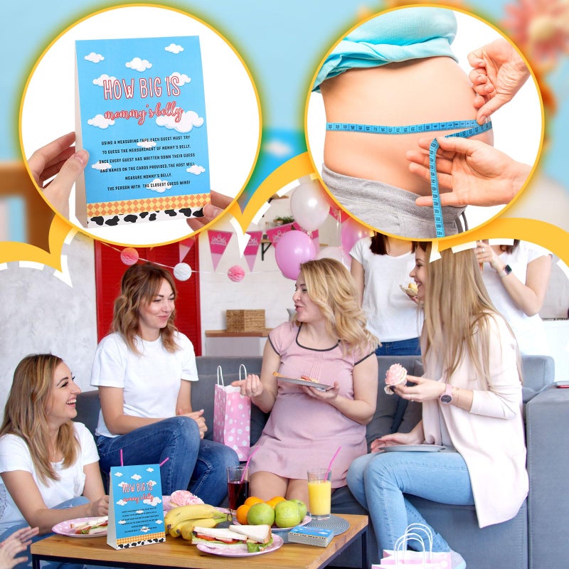 Sinload 54 Pcs Cartoon Blue Sky Baby Shower Games Blue and White Measure Belly Bump Party Game Include How Big Is Mommy's Belly Sign 50 Guessing Cards 3 Measuring Tapes for Cartoon Baby Shower Party - Image 4