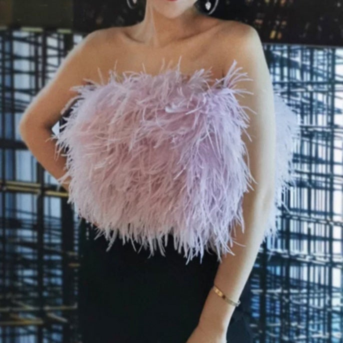 Korean Style Internet Celebrity Feather Tube Top With Colorful Ostrich Feathers And Fishbone Straps For Female Idol Stage Performance - Image 5