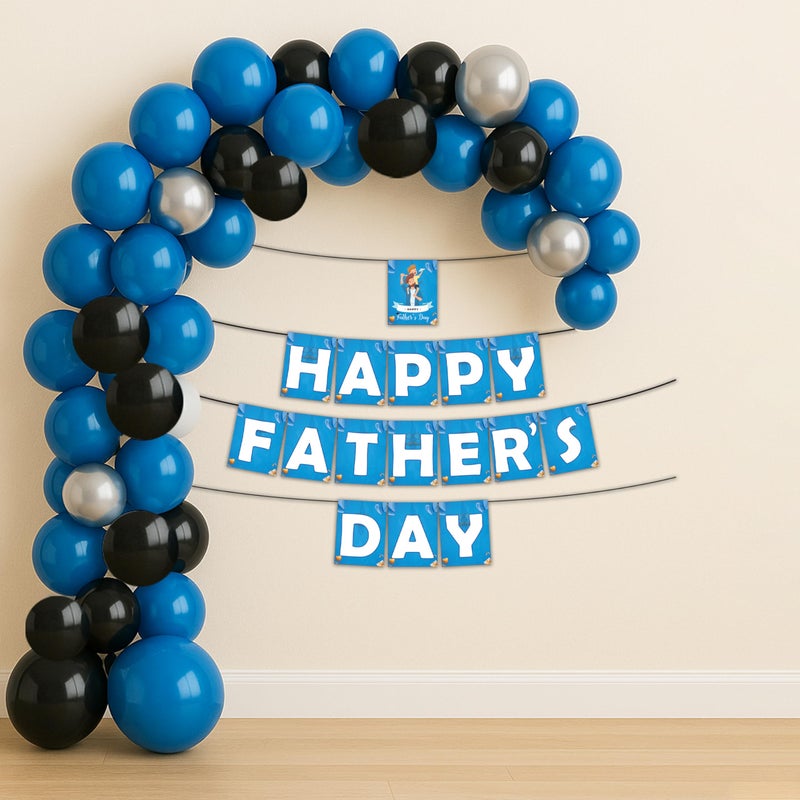 1iAM Happy Father's Day Decoration Combo Pack of 32 | Blue "HAPPY FATHER'S DAY" Printed Banner with Ribbon, 30pcs Balloons, 1pc Balloon Arch | All in One Surprise Party Gift for Dad, Papa, Baba, Abbu - Image 1