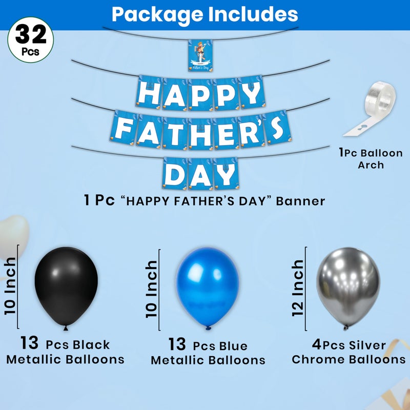 1iAM Happy Father's Day Decoration Combo Pack of 32 | Blue "HAPPY FATHER'S DAY" Printed Banner with Ribbon, 30pcs Balloons, 1pc Balloon Arch | All in One Surprise Party Gift for Dad, Papa, Baba, Abbu - Image 2