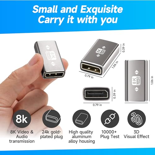 Togconn 8K DisplayPort (DP) Coupler Adapter 2 Pack, DisplayPort (DP) 1.4 Female to Female Aluminum Alloy Shell Extender Connector, Supports 8K@60Hz, 4K@144Hz, 4K@120Hz,2K for HDTV, Monitors, Laptop, Projector - Image 2