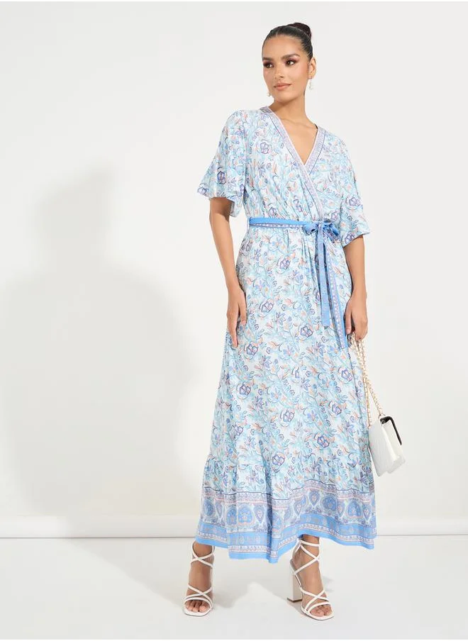 Causey Floral Print V Neck A-Line Maxi Dress