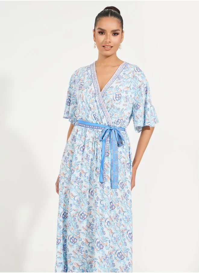 Causey Floral Print V Neck A-Line Maxi Dress