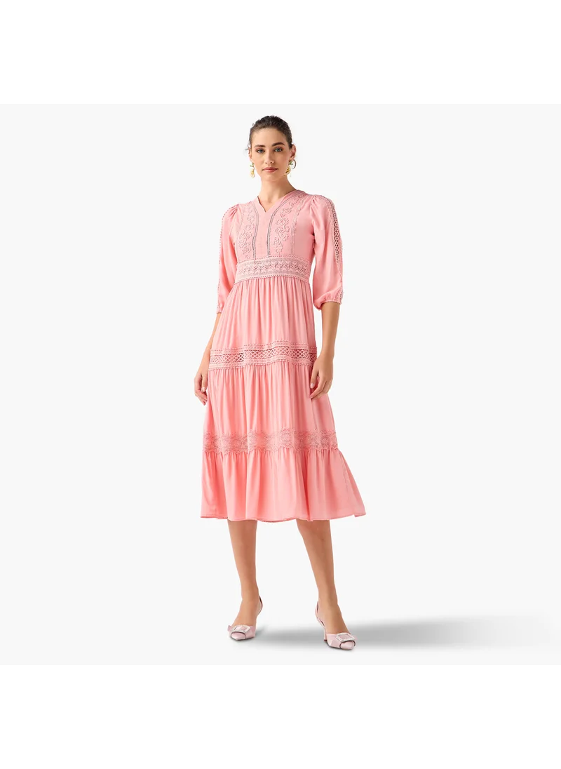 تواكستريمز 2Xtremz Lace Insert Midi Dress with 3/4 Sleeves