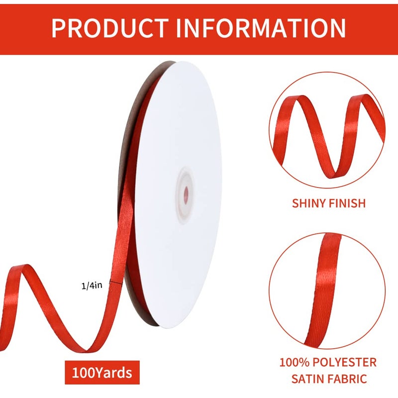 TONIFUL 1/4 Inch x 100yds Red Satin Ribbon, Thin Solid Color Satin Ribbon for Gift Wrapping, Crafts, Hair Bows Making, Wedding Party Decoration, Invitation Cards, Floral Bouquets,Christmas - Image 2