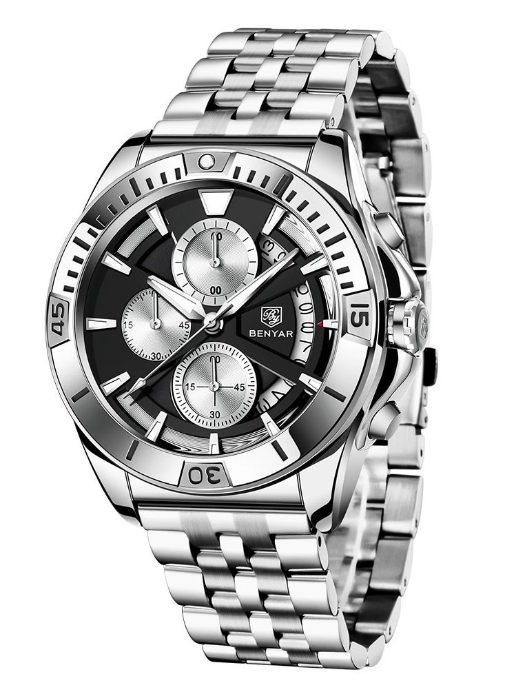 BENYAR - Watches for Men Watch Quartz Luxury Stainless Steel  Water Resistant Chronograph Watch 5180 Black - Image 1