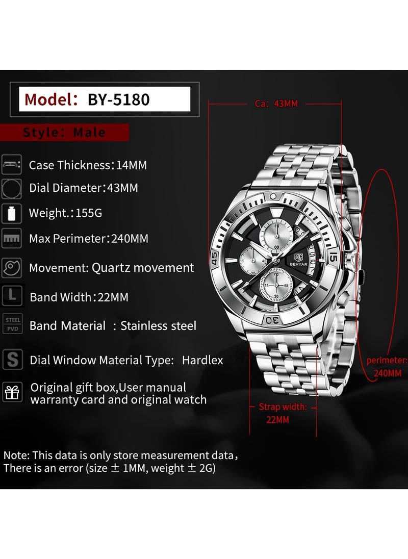 BENYAR - Watches for Men Watch Quartz Luxury Stainless Steel  Water Resistant Chronograph Watch 5180 Black - Image 1