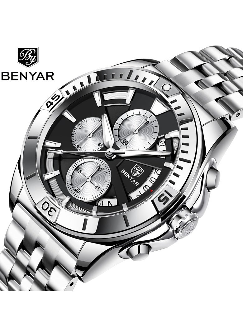BENYAR - Watches for Men Watch Quartz Luxury Stainless Steel  Water Resistant Chronograph Watch 5180 Black - Image 1