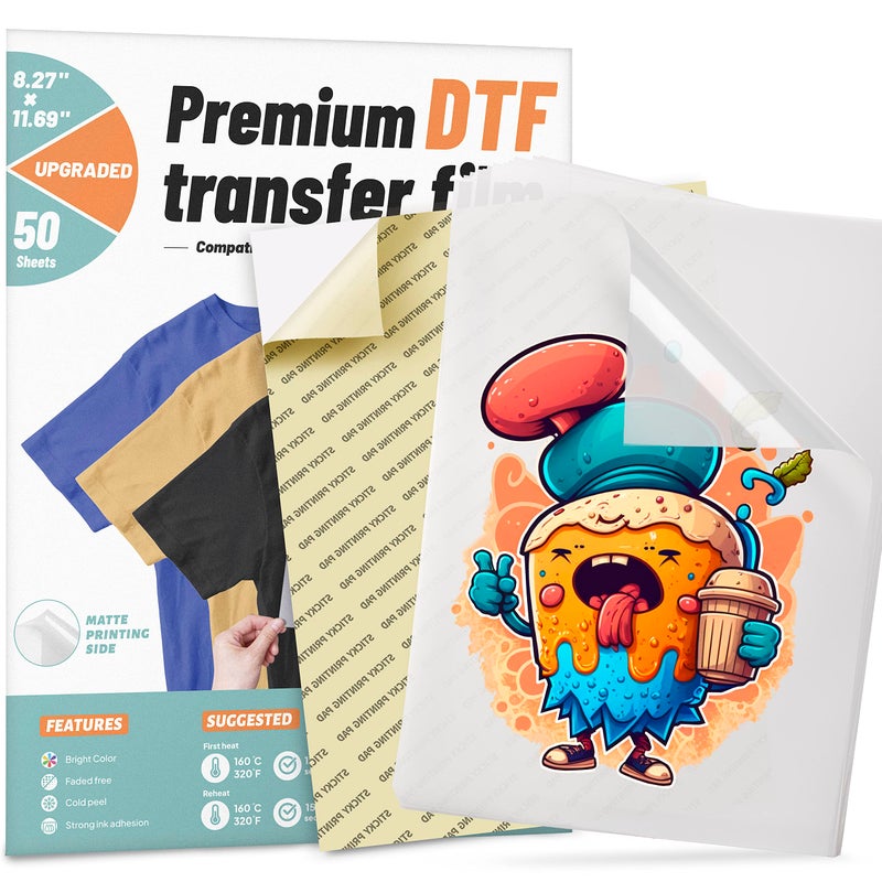 KASYU فيلم نقل DTF، 50 ورقة 8.5"*11" ورق DTF مع وسادة طباعة ذكية لجميع طابعات السوبليماشن وDTF، فيلم DTF للسوبليماشن، ترقية فيلم مباشر إلى فيلم متميز لجميع الأقمشة - Image 1