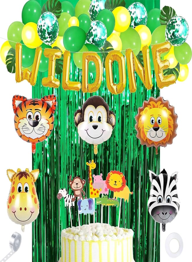 KATCHON Wild One Birthday Decoration, Safari Baby First Birthday Decor Kit, Jungle 1st Birthday Party Balloon Set with Palm Leaves Latex Balloons Forest Animal Set for Baby Toddler Birthday
