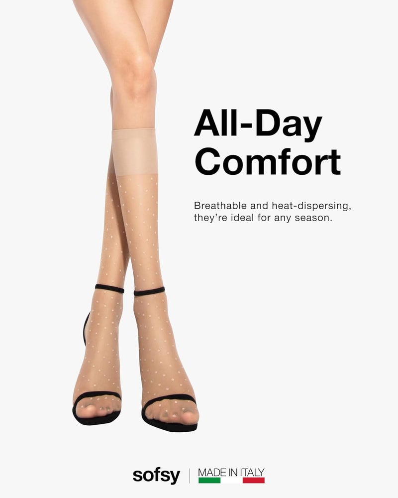 sofsy Italian Dotted Socks Collection (Ankle & Knee High) 20 Den Sheer Patterned Stockings with Ruffled Lace, Geometric Cuffs - Image 4