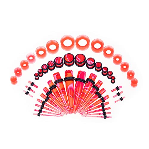 Memsion Ear Stretching Kit 50 Pieces Earrings 14Gauges-00Gauges Earrings Acrylic Tapers Plugs Silicone Tunnels Ear Gauges Expander Set Body Piercing Kit Piercing Jewelry Marble Red Color - Image 1