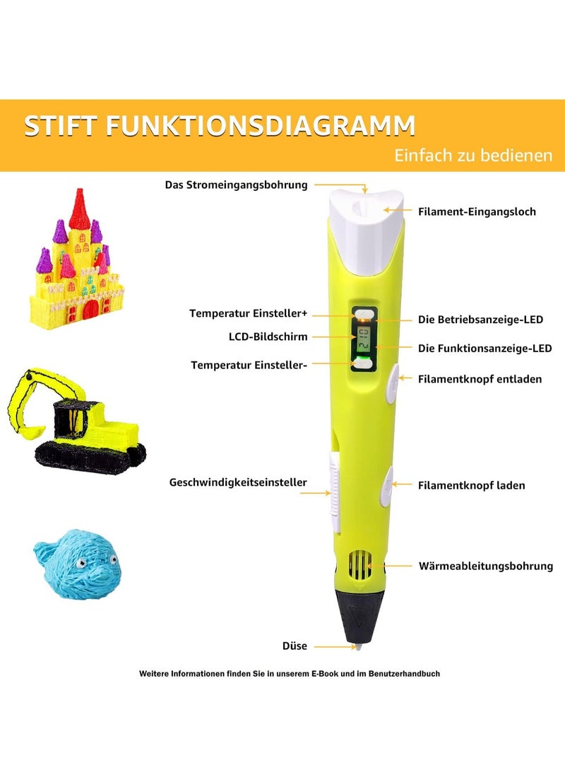 "3D Printer Pen Set for Kids & Adults – Includes 3D Pen with 12 Colors of 1.75mm PLA Filament (3m Each) – Model 02A Yellow"
