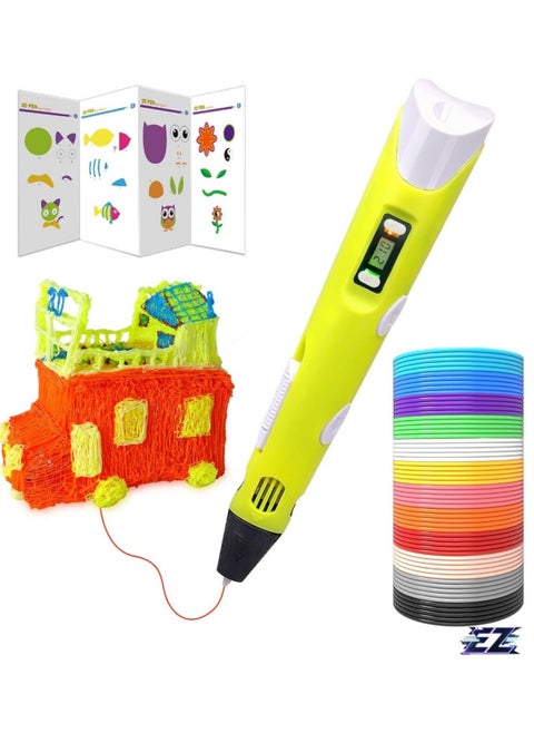 "3D Printer Pen Set for Kids & Adults – Includes 3D Pen with 12 Colors of 1.75mm PLA Filament (3m Each) – Model 02A Yellow"
