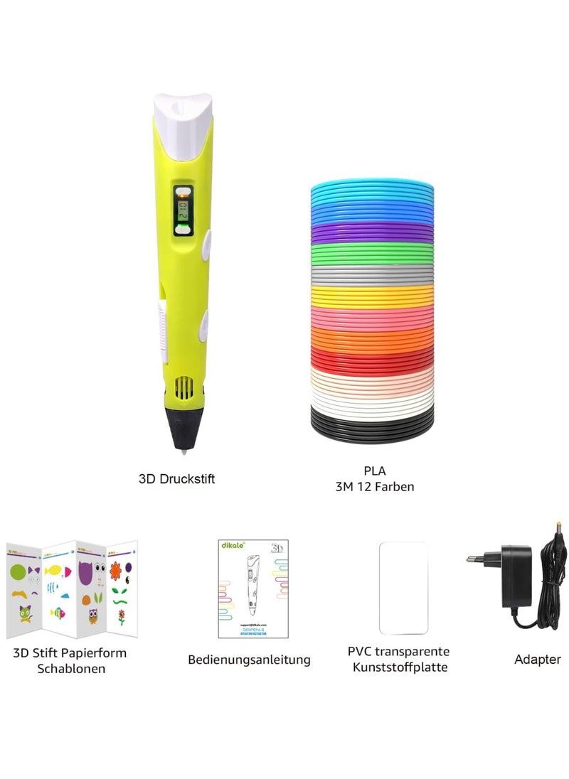 "3D Printer Pen Set for Kids & Adults – Includes 3D Pen with 12 Colors of 1.75mm PLA Filament (3m Each) – Model 02A Yellow"
