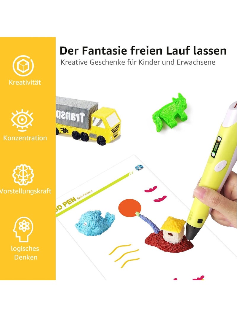 "3D Printer Pen Set for Kids & Adults – Includes 3D Pen with 12 Colors of 1.75mm PLA Filament (3m Each) – Model 02A Yellow"