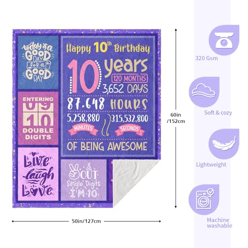 Yufrtck 10 Year Old Girl Birthday Gifts, 10th Birthday Gift for Girls, Gifts for 10 Year Old Girl, Double Digits Bday Throw Blanket 60"x 50", Girls 10 Yr Old Gift Ideas, 10th Bday Decorations - Image 5