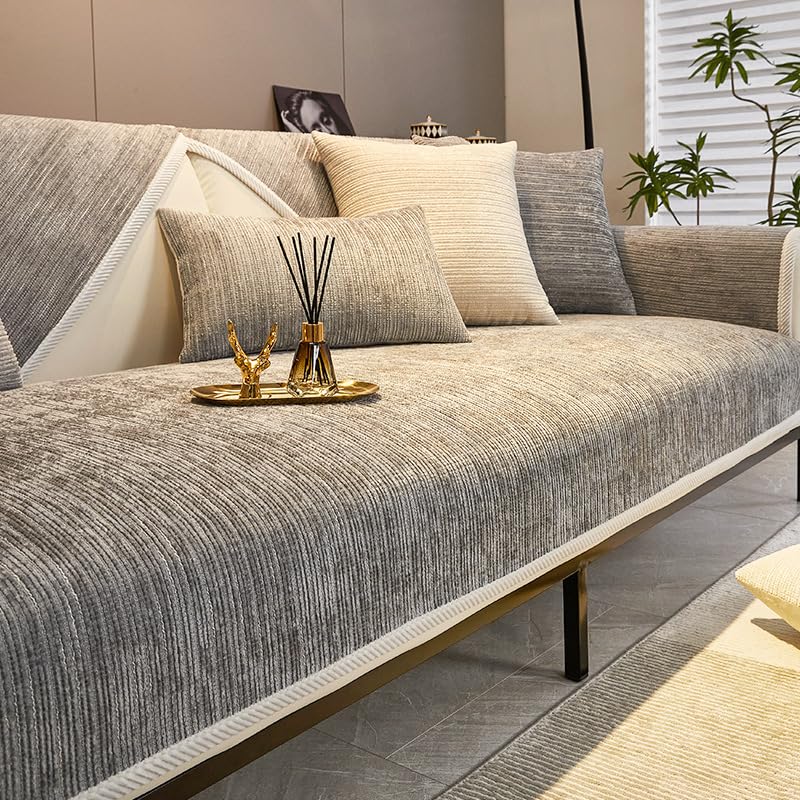 Rosygulls أغطية الأريكة الأليفة Rosygulls للأريكة الأريكة البسيطة مخططة Chenille Cover Cover Cover Cover Cover Cover Cover Chenille Coach for Pet Chenille Couch Coach Non Slip Solid Coach Covers Gray-28 "X82" " - Image 1