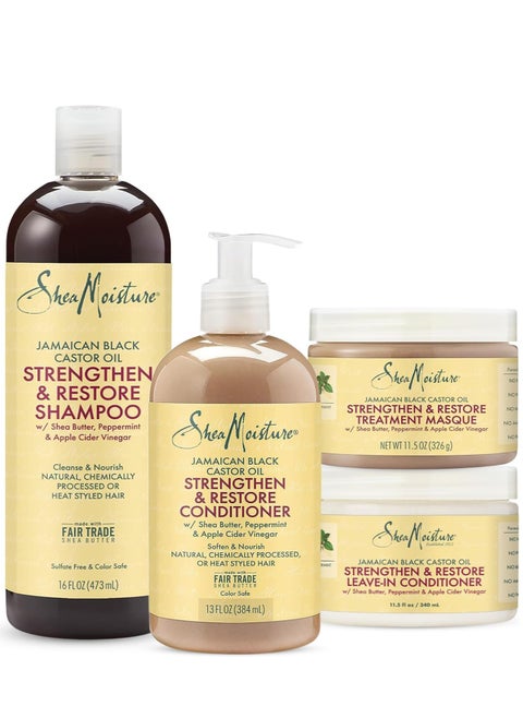 مجموعة شامبو Shea Moisture Strength لنمو الشعر واستعادته - تتضمن - شامبو زيت الخروع الأسود الجامايكي 16.3 أونصة| بلسم ثبات 16 أونصة | بلسم 13 أونصة | 12 أوقية. قناع العلاج، كيميائيا