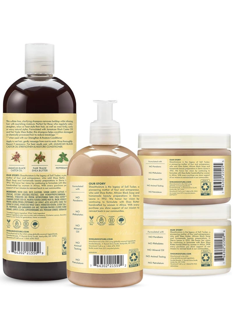مجموعة شامبو Shea Moisture Strength لنمو الشعر واستعادته - تتضمن - شامبو زيت الخروع الأسود الجامايكي 16.3 أونصة| بلسم ثبات 16 أونصة | بلسم 13 أونصة | 12 أوقية. قناع العلاج، كيميائيا