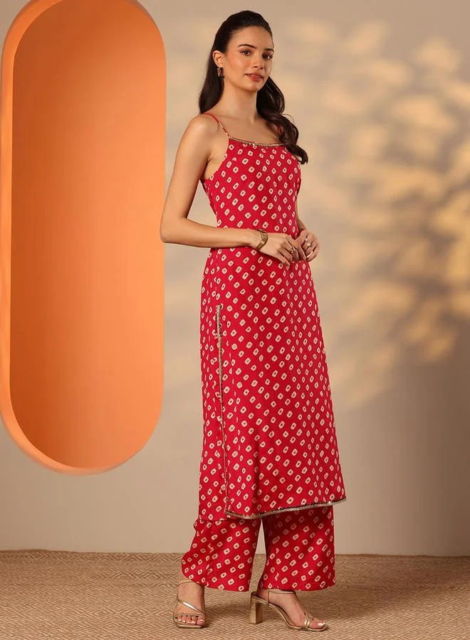 Libas Red Printed Rayon Straight Kurta And Palazzo Set