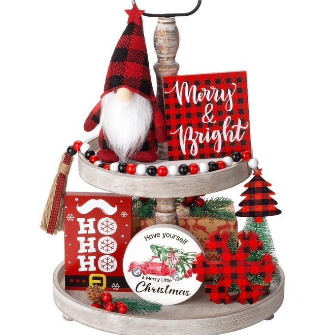 FARMHOUSE CHRISTMAS TIERED TRAY DECOR WOODEN SIGNS BUFFALO PLAID GNOMES PLUSH SET KITCHEN TABLE MANTEL