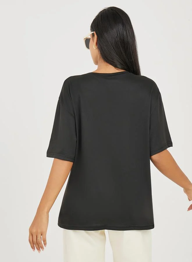 تايك تو Oversized Front Slogan Pocket Detail Longline T-Shirt