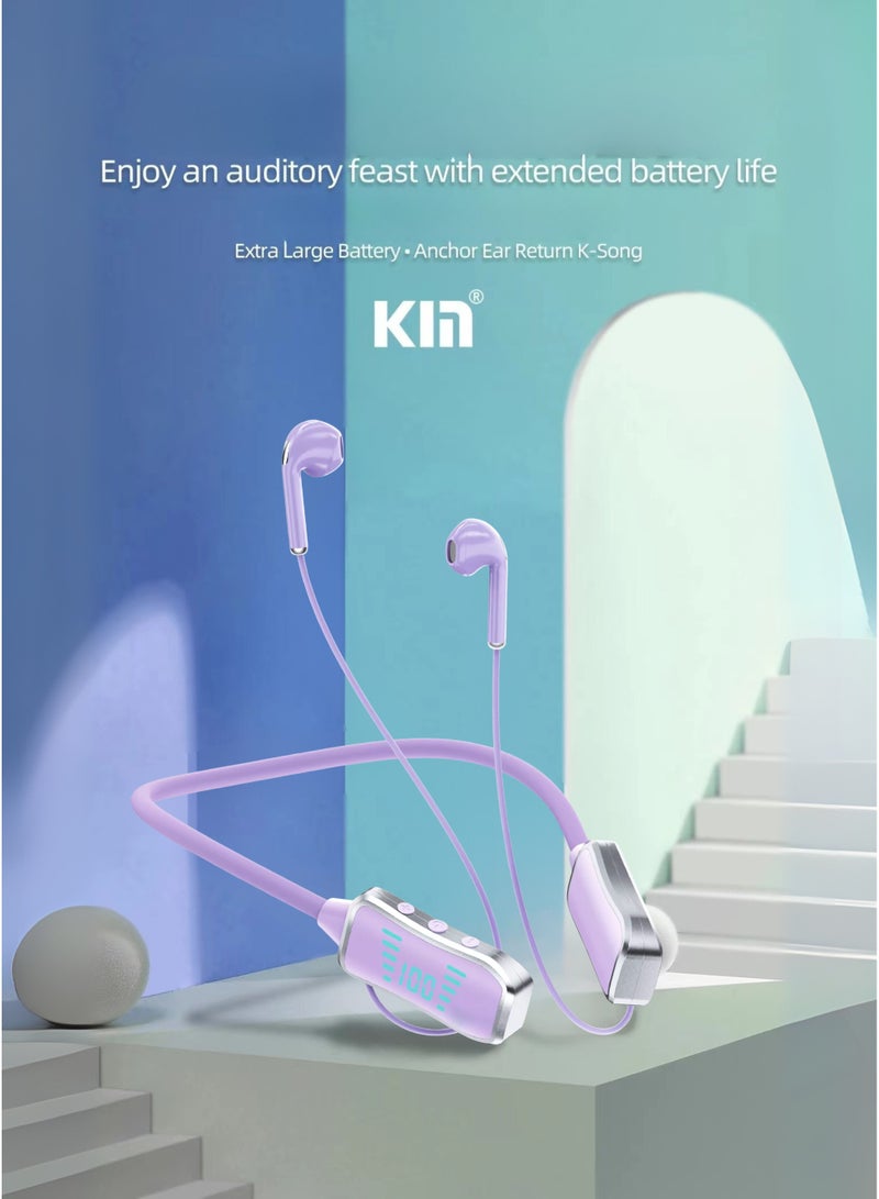 Kin KL50 Bluetooth Neckband Earphones – 48H Playtime, 380 Days Standby, LED Display, TF Card Slot, Multifunction Button Control, Wireless Stereo Headset – Purple - Image 4
