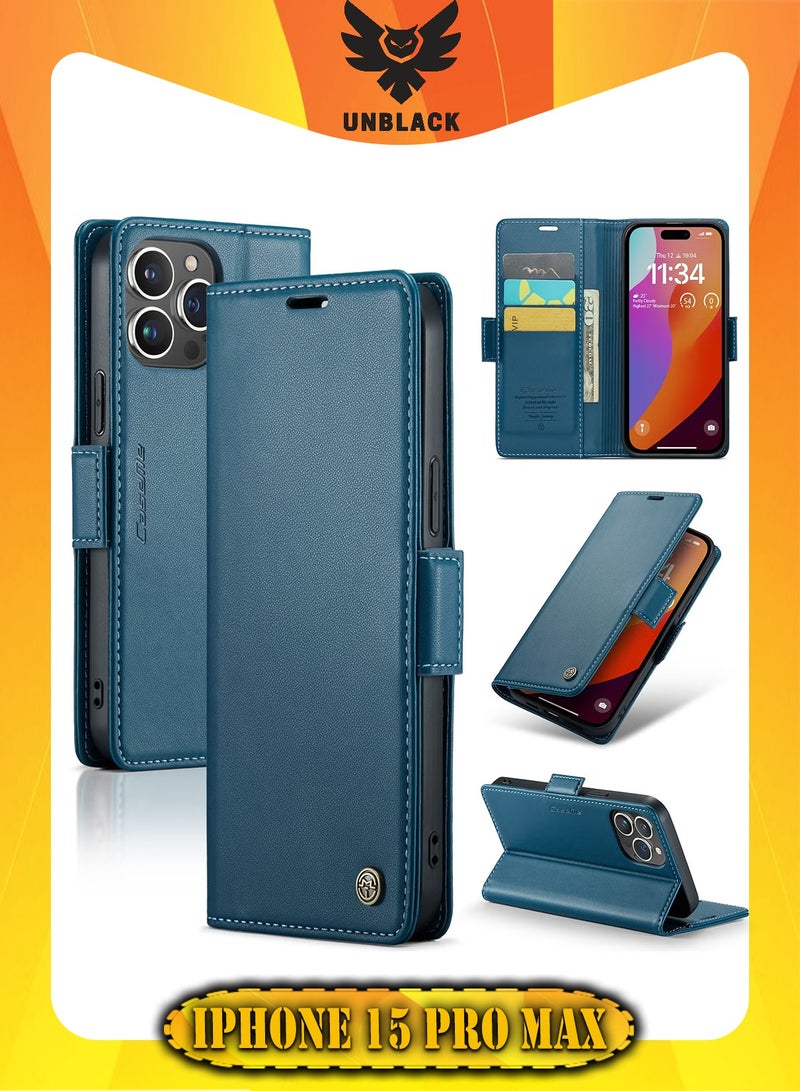 CaseMe Flip Wallet Case For Apple iPhone 15 Pro Max, [RFID Blocking] PU Leather Wallet Flip Folio Case with Card Holder Kickstand Shockproof Phone Cover (Blue) - Image 1