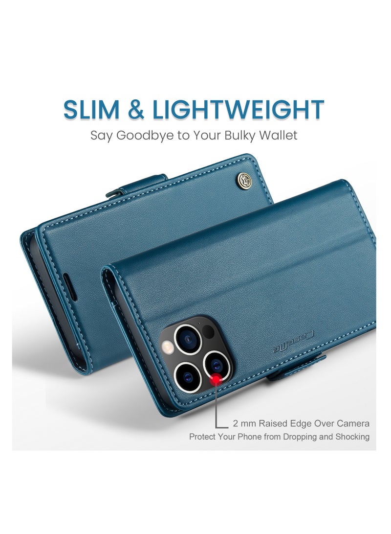 CaseMe Flip Wallet Case For Apple iPhone 15 Pro Max, [RFID Blocking] PU Leather Wallet Flip Folio Case with Card Holder Kickstand Shockproof Phone Cover (Blue) - Image 3