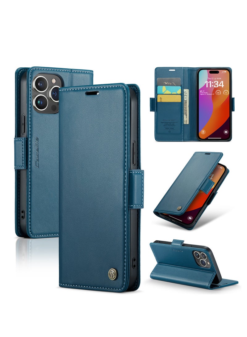 CaseMe Flip Wallet Case For Apple iPhone 15 Pro Max, [RFID Blocking] PU Leather Wallet Flip Folio Case with Card Holder Kickstand Shockproof Phone Cover (Blue) - Image 2