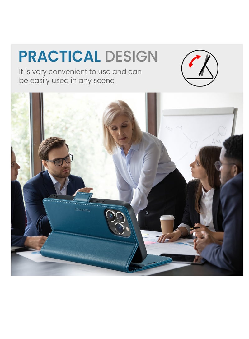 CaseMe Flip Wallet Case For Apple iPhone 15 Pro Max, [RFID Blocking] PU Leather Wallet Flip Folio Case with Card Holder Kickstand Shockproof Phone Cover (Blue) - Image 4